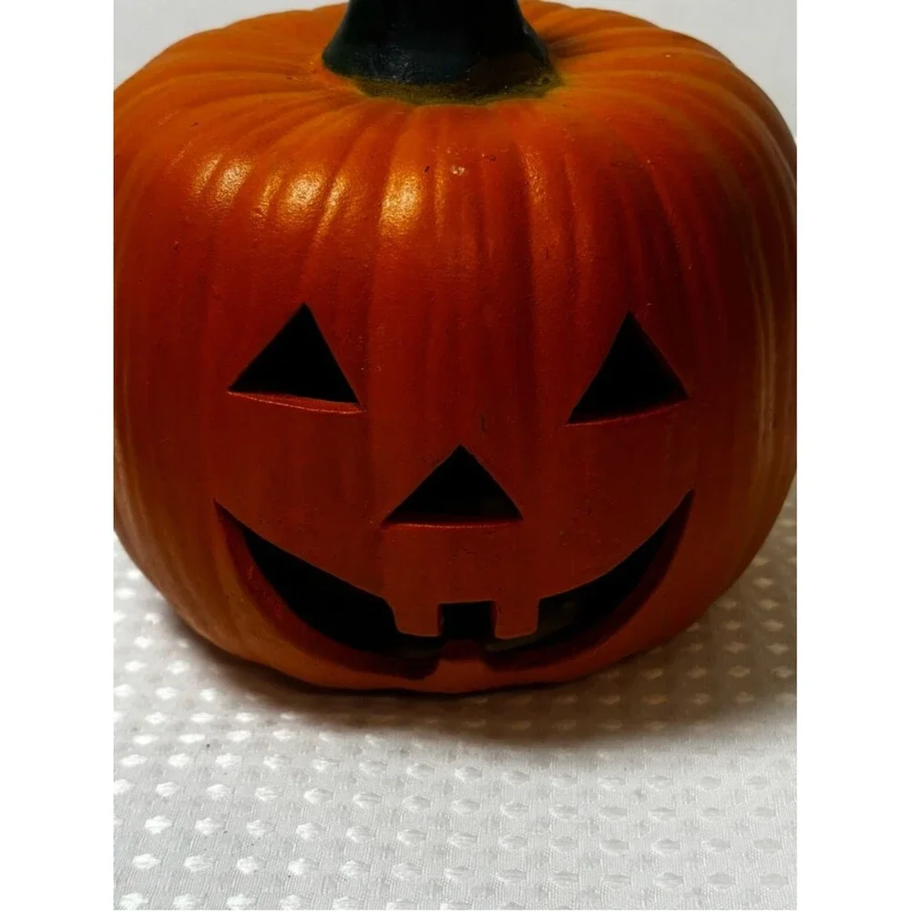 VTG Terracotta Hand Painted Jack O' Lantern Clay Pumpkin Halloween Luminary Duo